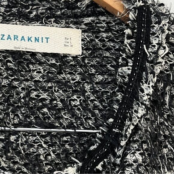 Zara Knit Black White Boucle Open Front Longline Cardigan Coat Jacket Sz L - Picture 5 of 10